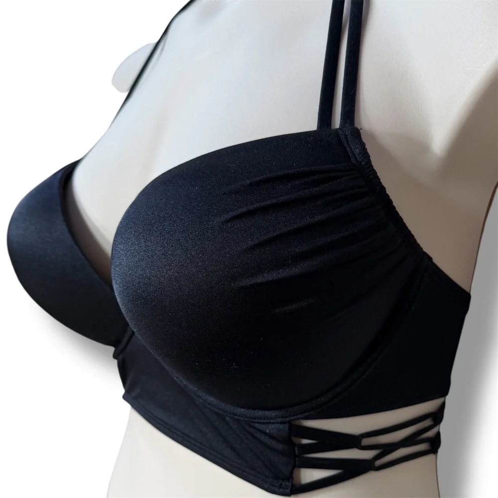 Victorias Secret Black Push Up Halter Bikini Set 36D Large Ruched High‎ Waist